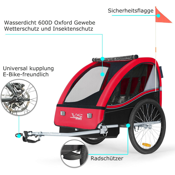 Дитячий причіп Tiggo VS 2-в-1: причіп для велосипеда та коляска-візок, червоний