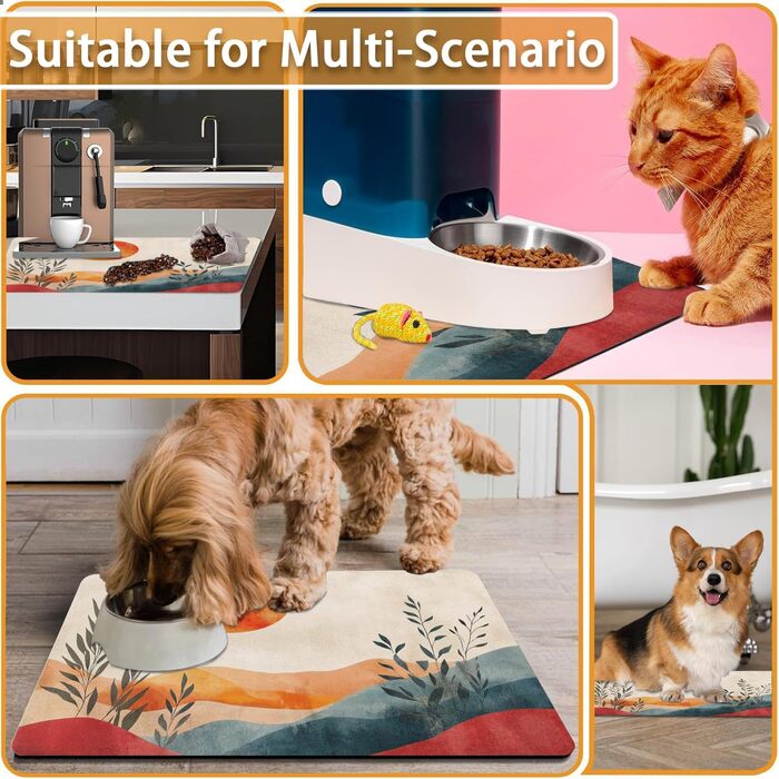 Вологопоглинаючий килимок під годівницю для корму та води, килимок для котів з неслизьким гумовим дном, килимки для собак, водонепроникні, 43,2 x 76,2 см (81.3L x 61B cm, Boho-захід сонця)