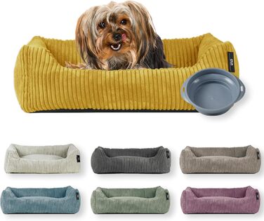Ляжка для собак | для маленьких собак | з подушкою Cord | знімний чохол | з мискою для корму (55 x 42 см, гірчичний)