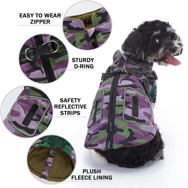 Водонепроникна куртка для собак з шлейкою, тепла жилетка, вітрозахисна куртка, відображаючий сніговий костюм для цуценят, дрібних та середніх собак (Purple,M)