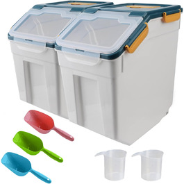 Контейнери для зберігання їжі з кришкою та колесами, 10 кг, великі, герметичні, для корму для собак та котів, борошна, мюслі, горіхів, бобів, з мірним стаканом та лопаткою, блакитні, 2 шт.