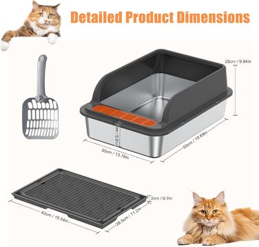 Кігтеточка-лоток для котів Euakee з нержавіючої сталі з кришкою, XL, великий, для великих котів, з високими бортиками, з лопаткою та педалем, антипригарне покриття, захист від протікання, легко чистити
