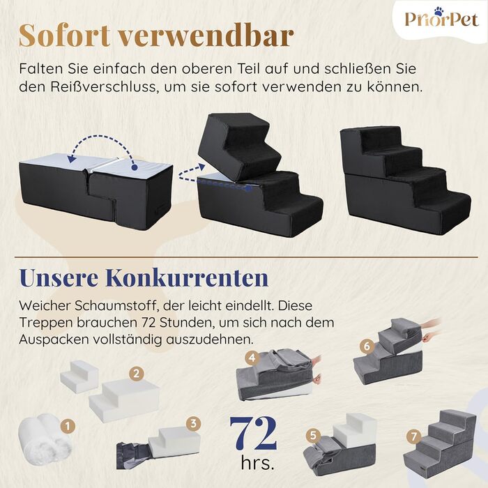 Сходи для маленьких собак, 3 ступені, 43 см, піна, чорні – безпечні, стійкі, знімний чохол, протиковзке дно, для дивана