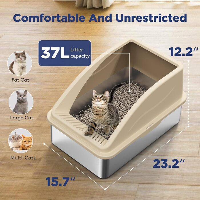 FURTIME туалет для котів із нержавіючої сталі з кришкою, XL, велика металева котяча туалетна з високими бортами, антипригарне покриття, легке очищення, захист від протікання сечі