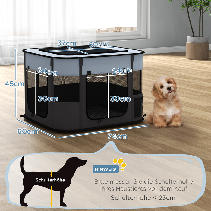 PawHut Puppy Run, манеж для цуценят з дверима, вікнами, складаний манеж, дихаюча сітка, для маленьких собак до 4 кг і дрібних тварин, в приміщенні та на вулиці, 74 x 60 x 45 см, сірий | Аосом