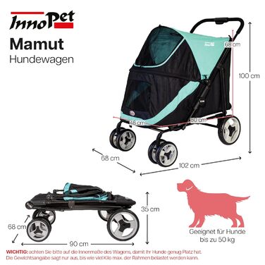Візок для собак Innopet Mamut блакитно-чорний – до 50 кг, з дощовим захистом, складається одним рухом – поворотні колеса, візок для великих та середніх собак