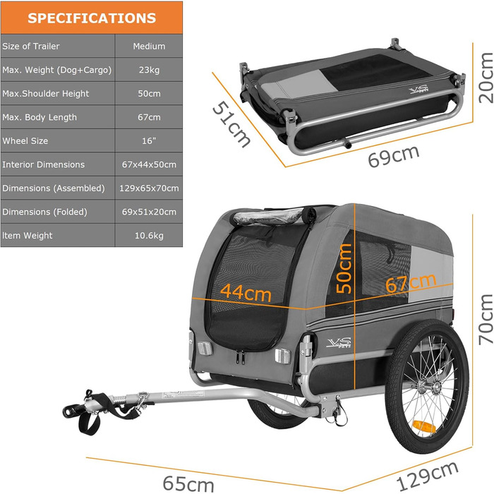Tiggo VS Pets M: Причеп для собак, велосипедний, сірий
