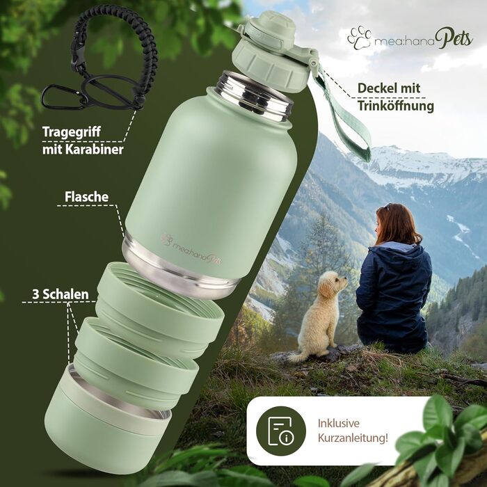 Hana Pets: Фляга для собак на 1л з мисками - ідеальна для подорожей. Ізольована фляга з нержавіючої сталі з мисками, зручна для перенесення. До комплекту входить ручка.