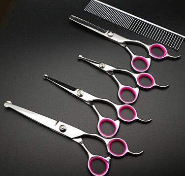 Набір професійних ножиць для грумінгу тварин CLQ: 5 шт. для собак та котів, з нержавіючої сталі 4CR, безпечні, з титановим покриттям (рожевий)