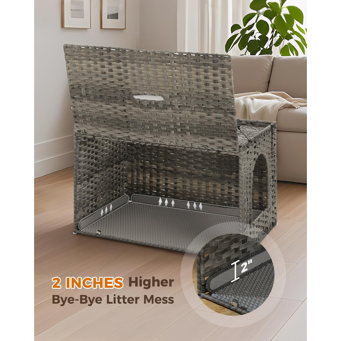 MUTTROS туалет для котів з ротанга, прихований туалет для котів, меблі з ручної плетіння, з високою дверцятами та піднятим бортиком, котячий будиночок-шафка для великих котів, для дому, вітальні, сірий