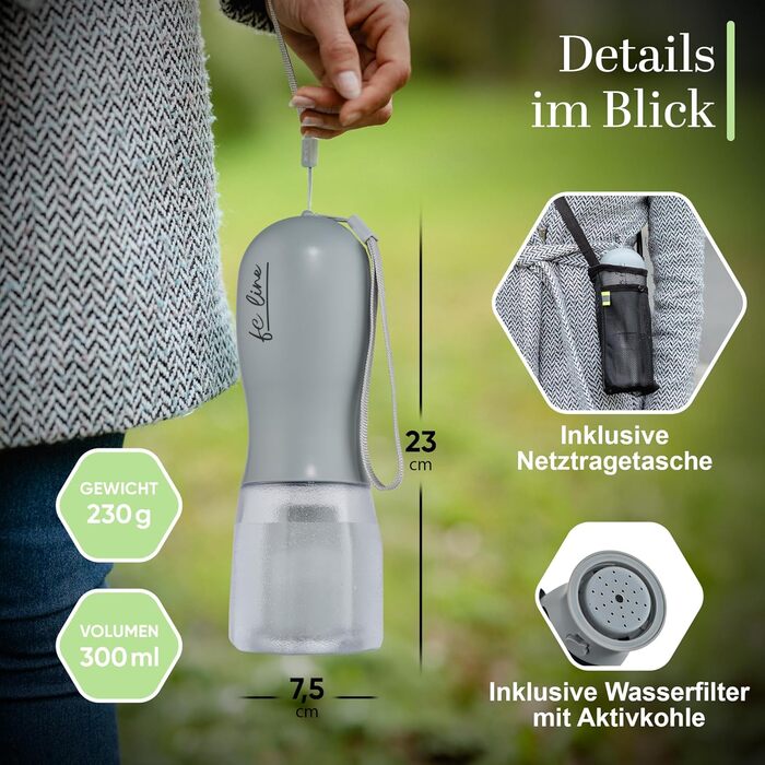 Поїлка-фляга для собак 300 мл - 3 в 1 | Фляга для води для собак, виготовлена з BPA-free матеріалу, з функцією автоматичного наповнення | Підходить для маленьких та середніх собак, сірого кольору