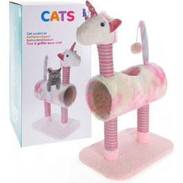 Драбинка для котів Mijoma з дизайном єдинорога, рожевий колір, 3 стовпчики з сизалю, іграшковий хвіст з помпоном, плюшева голова та тунель, 85x40x30 см – ідеально для гри та догляду