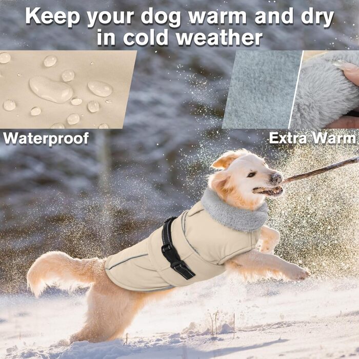 Теплий зимовий пуховик для собак Lelepet, водонепроникний, з флісовою підкладкою, світловідбиваючими елементами, отвором для шлейки, великий розмір XL, бежевий