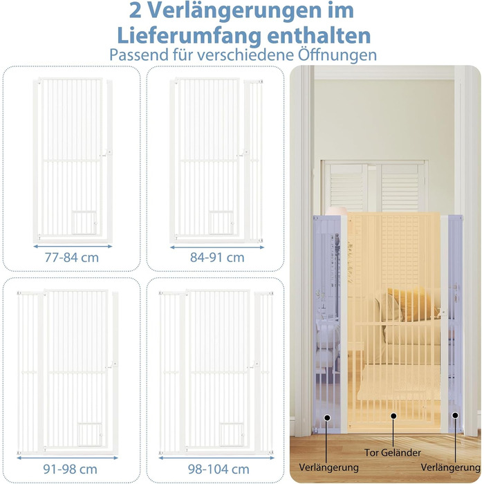 Захист для воріт COSTWAY для собак, високе перегороджувальне ґрат, 77-104 см x 150 см, захист з маленькими дверима, 2 розширення, ґрат без свердління, висувний ґрат для собак, металевий захисний ґрат, білий