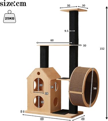 Кігтеточка для котів CareCooo 135 см з 12 стержнів, стабільна, з будиночком, сизаль, захист від перекидання, водонепроникна, для великих котів, коричнево-біла (Натуральний + Чорний + Дерево, XL)