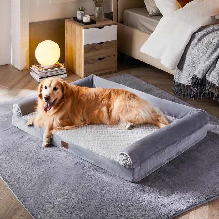 Ортопедичні лежанки для собак великих порід WNPETHOME, водонепроникні, з піною з ефектом пам'яті, з бортиками, неслизька підкладка, сірий колір