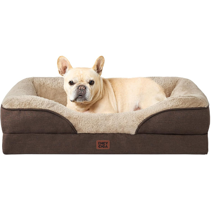 Ортопедичне ліжко для собак EHEYCIGA, 76x51x16.5 см, Memory Foam, коричневе, водонепроникне, з бортиками
