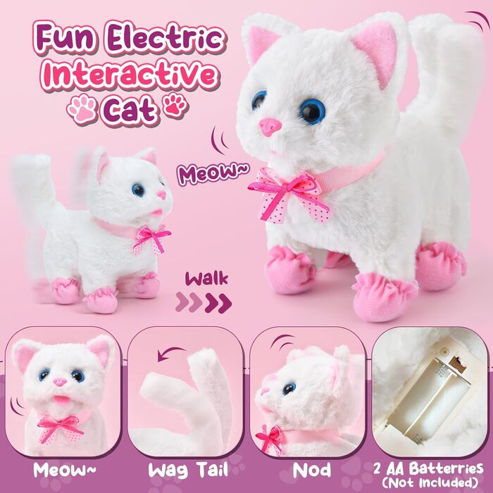 Інтерактивна іграшка Tacobear Katze: електронна котяча іграшка для дітей, ходить, муркоче, махає хвостом. М'яка іграшка, плюшевий котик, подарунок для дівчаток 3-8 років