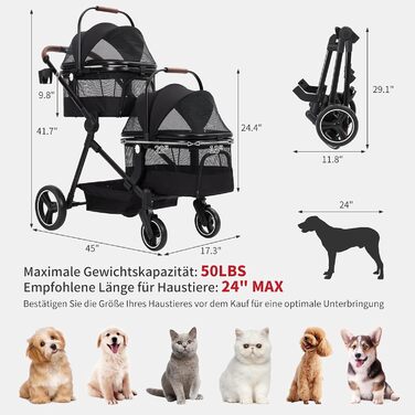 Складаний двоярусний візок для собак та котів до 22 кг, з сітчастими віконцями, тримачем для напоїв та місцем для зберігання. Ідеально для двох маленьких собак або котів. Легкий та зручний двошаровий візок.