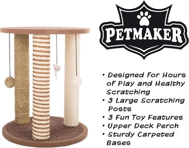 Дряпак для котів PETMAKER, 3 стовпи з килимовим покриттям, ігровий майданчик та сідало, захист меблів, для домашніх котів, великий, коричневий