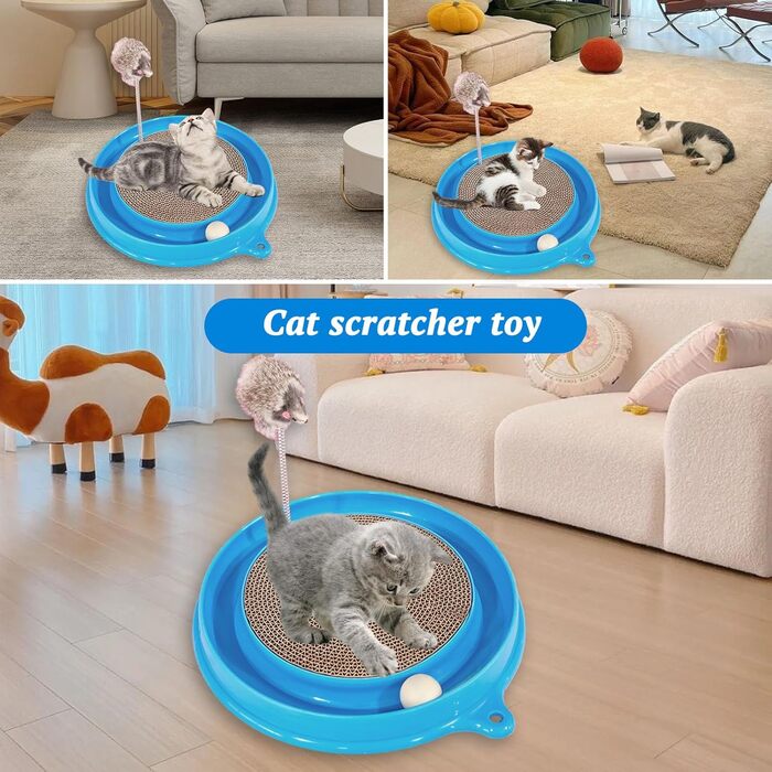 Кігтеточка для котів з м'ячиком та іграшковою мишкою - інтерактивна іграшка для кошенят, тренування та розваги. Ігровий мат для котів, синій.