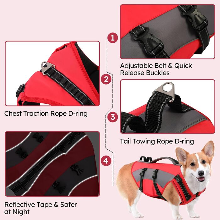 Жилет рятувальний для собак CITEKOILE з ручкою та світловідбиваючими елементами, регульований, для малих, середніх та великих собак, міцний, для водних видів спорту, плавання та катання на човні, червоний, XS, червоний