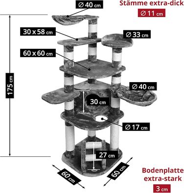 JAMAXX Преміум XXL когтеточка для великих котів, 175 см, товсті стовпи 11 см, м'який плюш, стабільна, сіро-коричнева, модель PCT6003