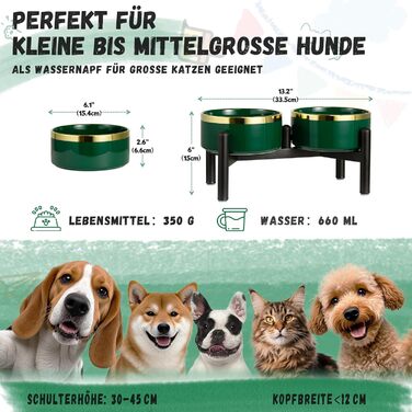 Миска для собак Keraik піднята на підставці з нержавіючої сталі - подвійна миска для корму та води для собак маленьких та середніх порід - неслизький набір мисок для собак - 350г / 660л - 15c - (M, Зелений)