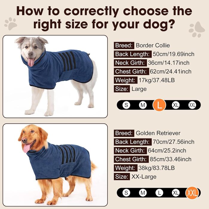 Рушник для собак з мікрофібри, халат для собак середніх та великих порід, швидковисихаючий, халат для собак з клямками (темно-синій XXL 2XL)