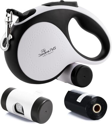 Рулетка для собак Zenova Pets 5м з тримачем для відходів, нейлоновий поводок 360°, антиковзний руків'я та кнопка швидкого гальмування. Підходить для собак великих, середніх та малих порід до 30 кг