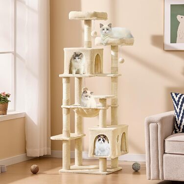 Кігтеточка для котів MSmask велика, стабільна, багатоярусна з 2 платформами, 2 будиночками, гамаком та сизалевими стовпчиками (Бежевий, 160 см)