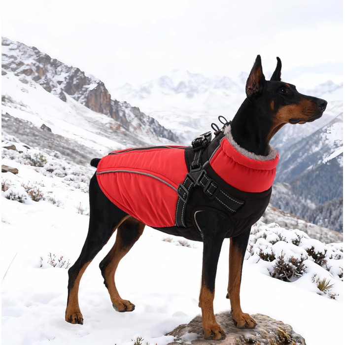 Водонепроникний зимовий одяг для собак великих порід, з кріпленням для повідка, флісова підкладка, світловідбиваючі елементи (XXL), червоний
