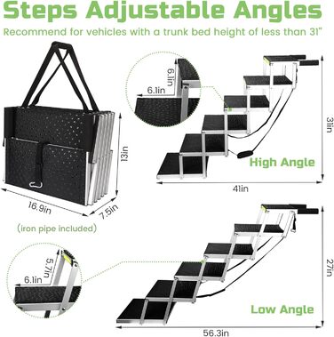 Сходинки для собак Robuster з 6-шарового алюмінію з тканини 1680D PVC – протиковзкі, легкі та портативні – ідеально підходять для авто, SUV, вантажівок – Чорний (106 x 80 x 43 см)