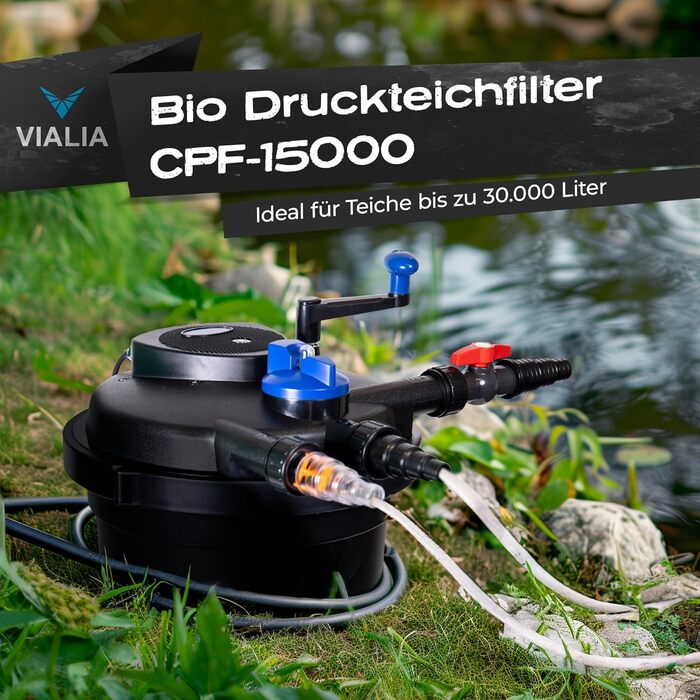 Фільтр для ставка VIALIA CPF-15000 з УФ-лампою 18 Вт, зворотним промиванням, для водойм до 30000 л, продуктивність 10000 л/год