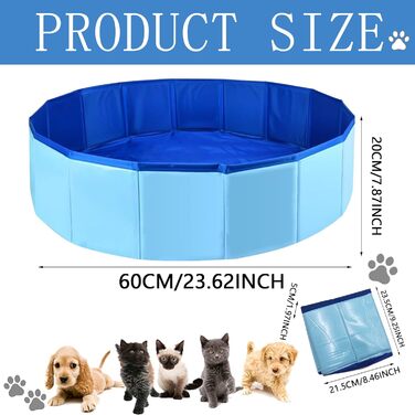 Надувний басейн для собак та котів, 60x20 см, PVC, портативний, блакитний