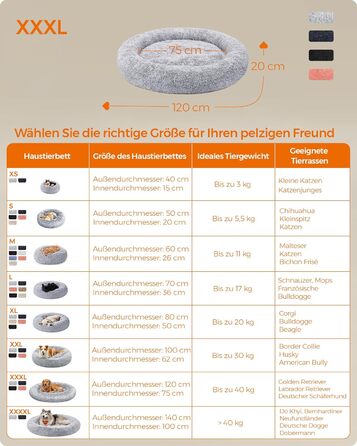 Кругле ліжко для собак та котів Feandrea з м'яким плюшем, діаметр 120 см, світло-сірий колір, знімний наповнювач, PGW043G01