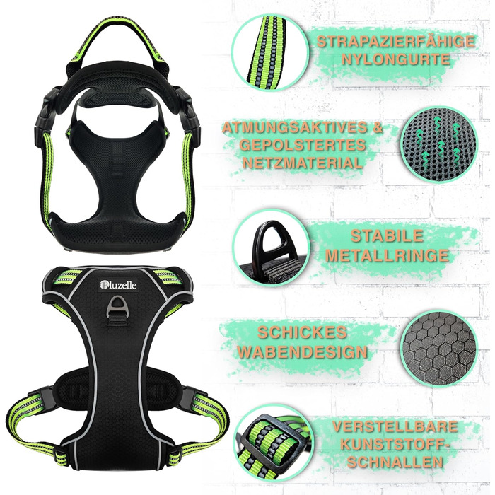 Шлейка для собак середніх порід Bluzelle з ручкою та кишенею для GPS-трекера, світловідбиваюча, дихаюча, зелена (L, чорний 3)