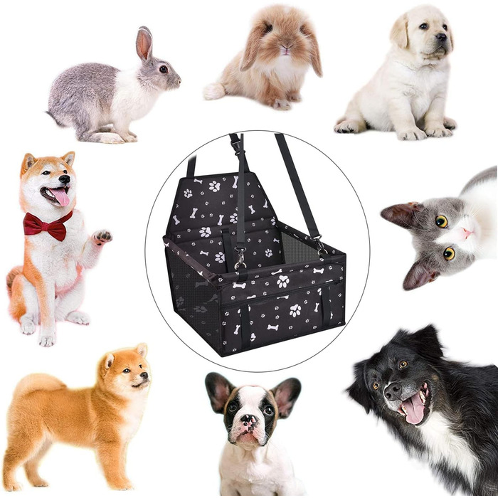 Автомобільний сидіння для собак на переднє пасажирське місце - чорний, з принтом лап, з ременем безпеки, водонепроникний, складна подушка