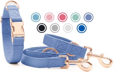 Набір повідця та нашийника для собак з м'якої шкіри (2м) - регульований поводок, стильна фурнітура Rose Gold, нейлонові повідці та нашийники для цуценят, собак маленьких, середніх та великих порід. Violett,M (обхват шиї 35-50см, ширина 2.5см). Колір: фіол