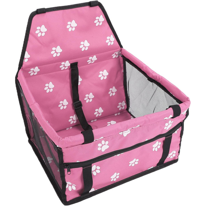 Транспортувальна сумка для тварин з принтом лап, складана переноска для собак з тканини, миється, з ременями безпеки та підпоркою - Комфортна та безпечна для авто та подорожей (Сіра підпорка з лапами, рожева підпорка з лапами)