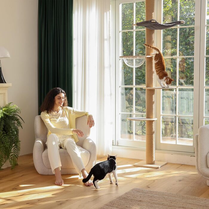 Дерев'яний кігтеточки FUKUMARU з 6 ярусами, сірий (280-300 см), для котів, з гамаком та капсулою