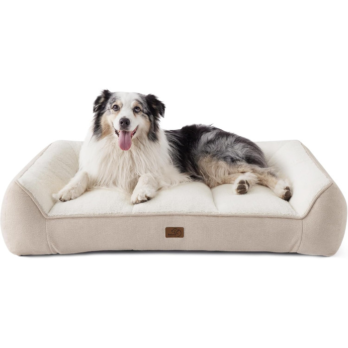 Ліжко для собак BEDSURE великих порід - 89x63 см, товста підтримка, водонепроникна наволочка, антиковзаюча корзина, м'який плюш Sherpa (106x76x24 см, кремовий)