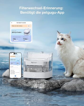 Розумний фонтан-питилка для котів PETGUGU PF1 з керуванням через додаток, AI-доглядом, бездротовим насосом та WiFi 2.4G, білий (6 фільтрів у комплекті)
