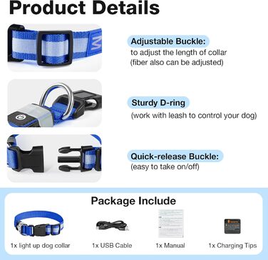 Світлодіодне нашийник для собак Leuchthalsband PcEoTllar, водонепроникний, 7 кольорів, регульований, для малих та великих собак, чорний (синій, S)