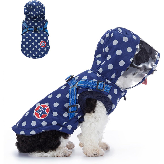 Зимовий теплий пуховик для собак з протекторними отворами, вітронепроникна куртка для холодної погоди, бавовна, костюм для цуценят, маленьких та середніх собак, розмір XL (2XL: Обхват грудей:55см/21.6 дюймів, Стиль 2: Синій горошок)