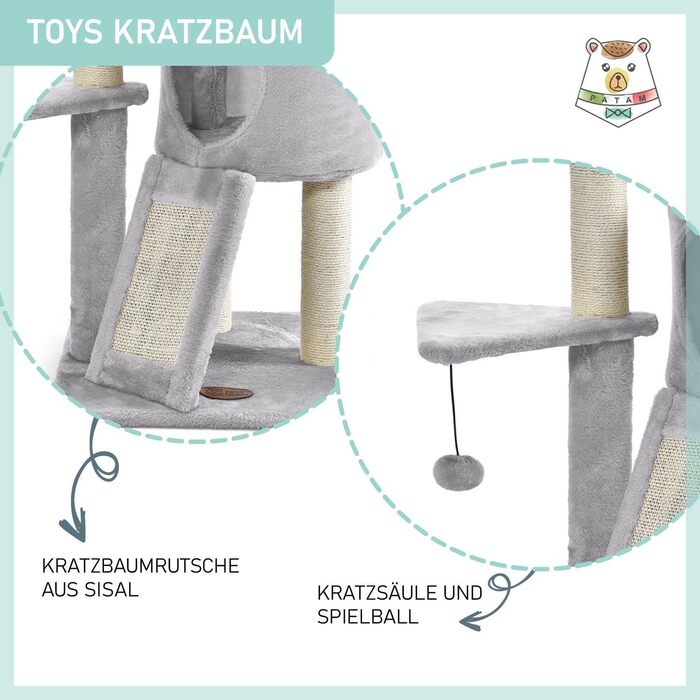 Дряпак для котів PATAM з натурального сизалю з котячою печерою та рампою, посилена основа та легка збірка – висота 83,5 см, іграшки Бежевий (Світло-сірий)