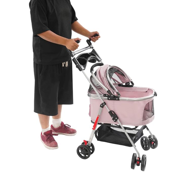 Візок для собак 3 в 1, візок для котів до 12 кг, складний, з сумкою та кошиком, рожевий (Sakura Pink)