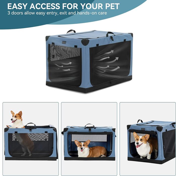 Складаний тканинний бокс для собак Petsfit M, синій – переноска для авто та дому з 3 дверцятами, для середніх порід, легка у транспортуванні