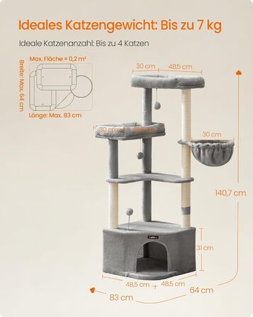 Дряпка для котів Feandrea, кігтеточка з лежаком, платформами та іграшками, 140.7 см, сірий PCT009G01