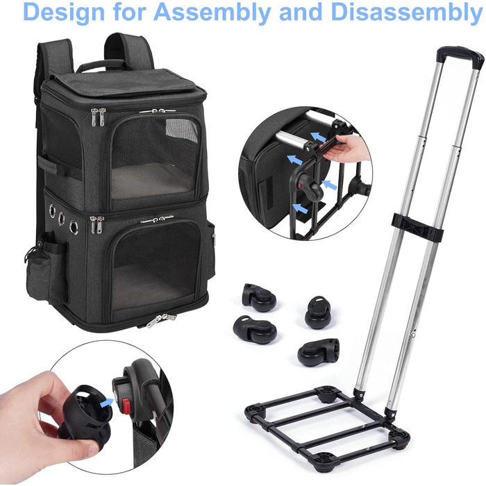 Трансформер-переноска для котів та собак, рюкзак-переноска на колесах для 2 тварин, чорний, для подорожей та до ветеринара